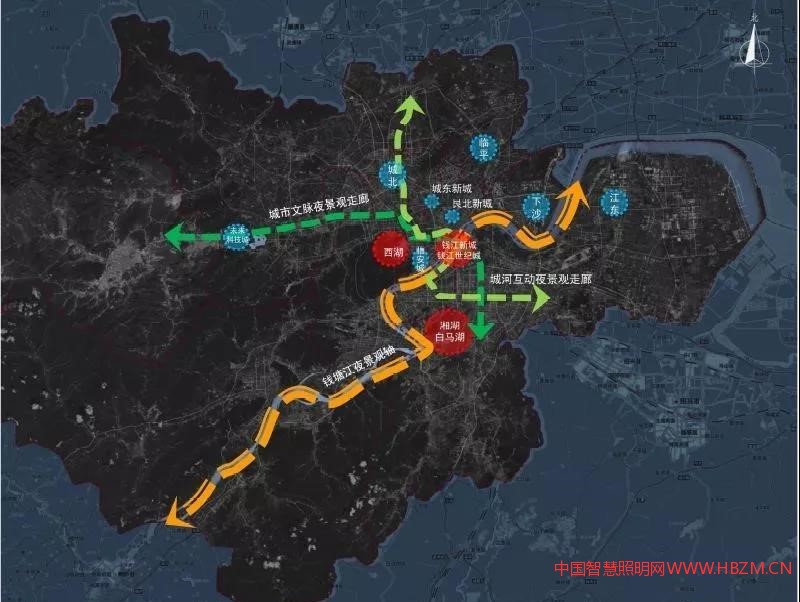杭州城市照明总体结构:“一轴•两廊•三心•多点”